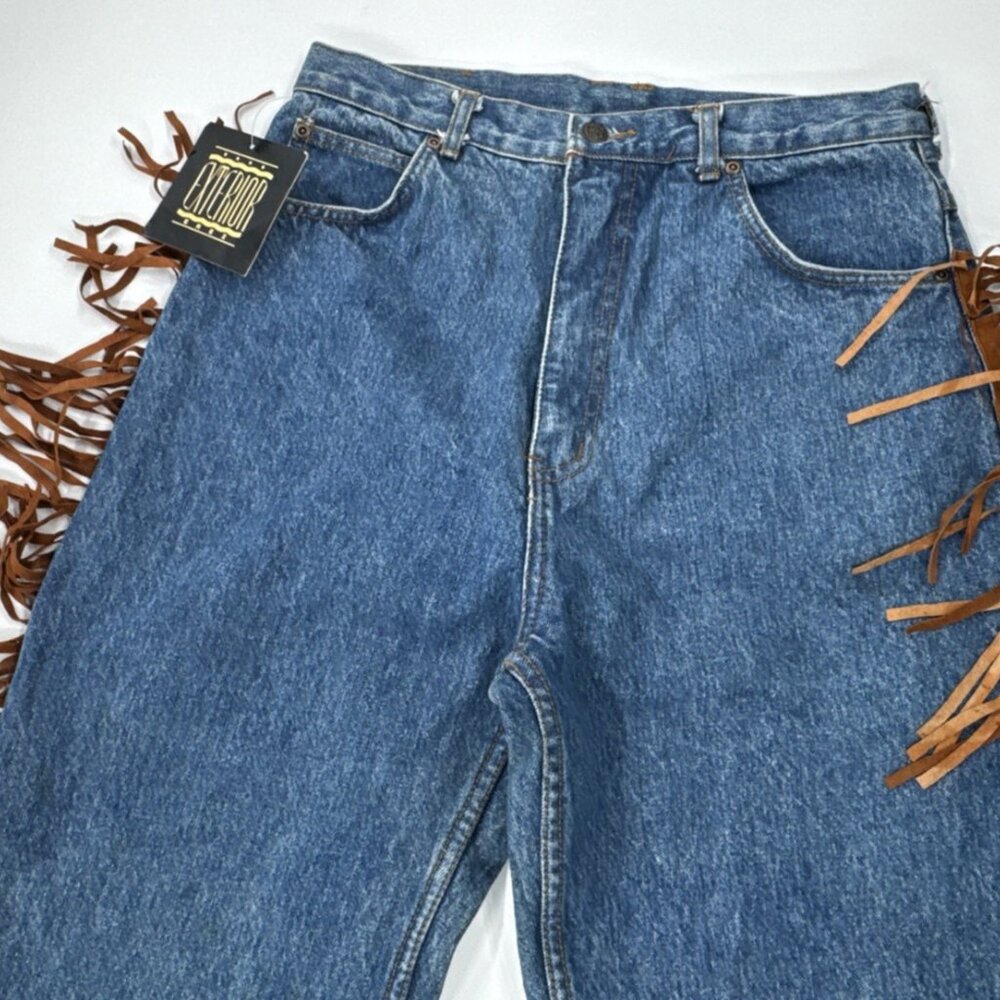 Vintage Leather Fringe Trim Jeans Mens 32x30 Blue Denim Tapered High Waist NWT - Picture 5 of 9